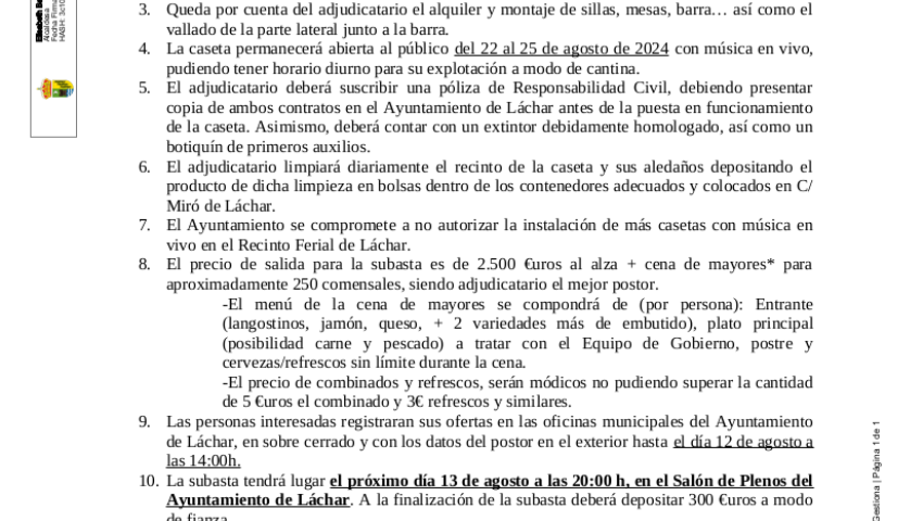 Condiciones para la adjudicación de la caseta municipal de las fiestas de Láchar 2024