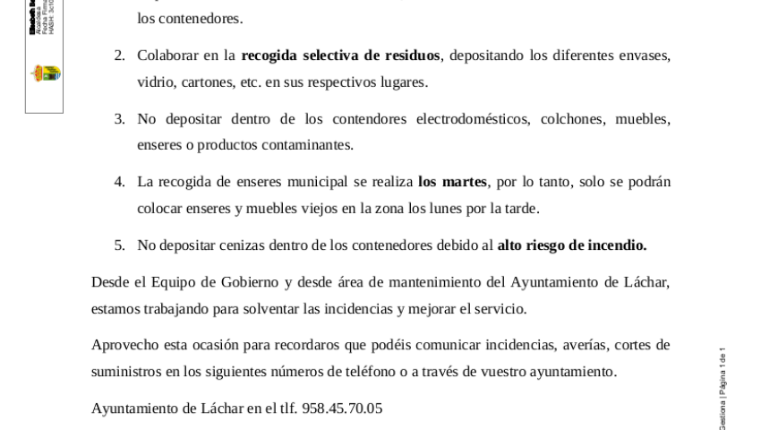 CARTA ALCALDÍA: INDICACIONES SOBRE LA GESTIÓN DE RESÍDUOS SÓLIDOS URBANOS ( BASURA Y ENSERES)