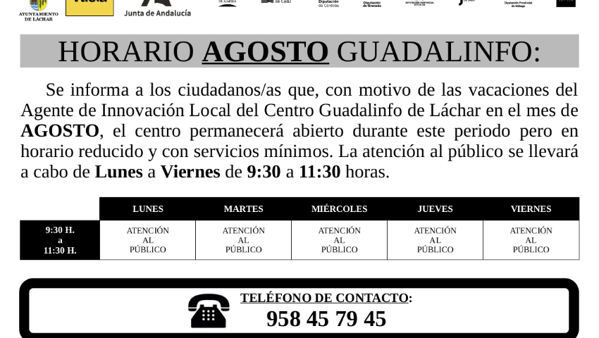 Nuevo Horario Centro Guadalinfo Vuela Mes de Agosto- 2 de Septiembre