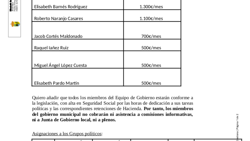 COMUNICADO SOBRE SUELDOS Y ASIGNACIONES A LOS DISTINTOS GRUPOS POLÍTICOS