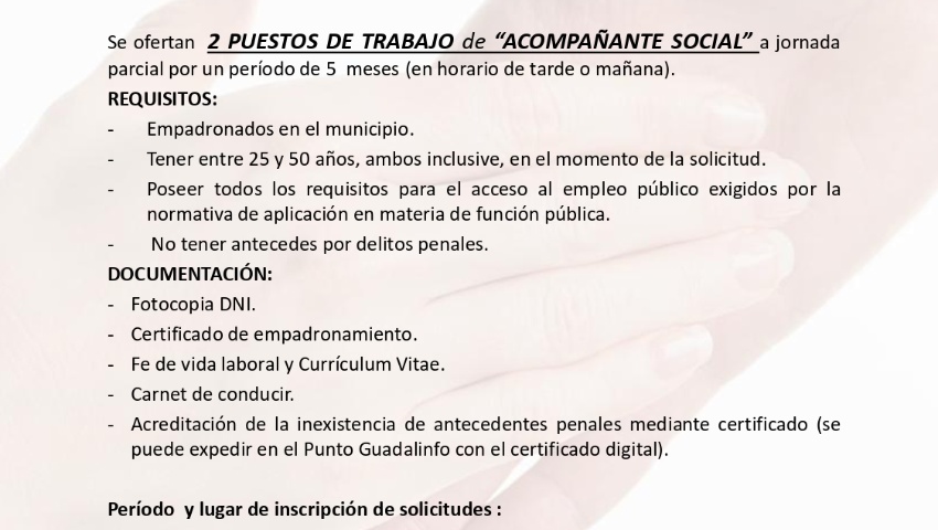 OFERTA DE EMPLEO: 2 PUESTOS DE TRABAJO de “ACOMPAÑANTE SOCIAL”
