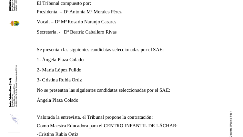 ACTA DEL TRIBUNAL PARA LA SELECCIÓN DE 1 PLAZA DE MAESTRO/A EDUCADOR/A CENTRO INFANTIL DE LÁCHAR SAE: OFERTA 01-2024-24466